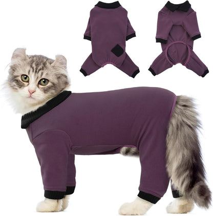 QBLEEV Cat Pajamas for Cats Only, Sticky Hair Cat Clothes, Cat Onesie for Cats After Surgery Female Male, Surgical Cat Recovery Suit Full Bodysuit, Long Sleeve Cat Shirts Outfits to Prevent Licking
