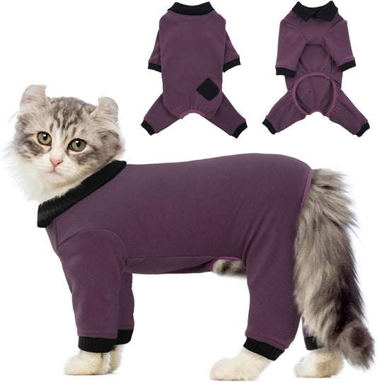 QBLEEV Cat Pajamas for Cats Only, Sticky Hair Cat Clothes, Cat Onesie for Cats After Surgery Female Male, Surgical Cat Recovery Suit Full Bodysuit, Long Sleeve Cat Shirts Outfits to Prevent Licking