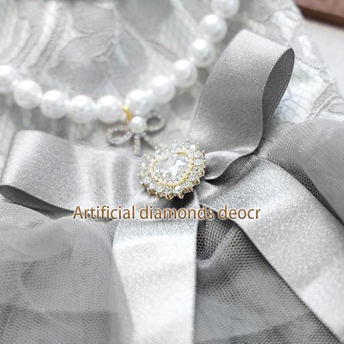 ANIAC Gray Dog Dress for Small Dogs Female,Bow Knot Girl Puppy Clothes with Detachable Pearl Necklace, Elegant Cat Dress, Formal Pet Pary Outfit for Wedding Birthday Valentines (Gray, X-Large)