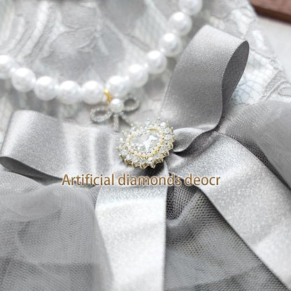 ANIAC Gray Dog Dress for Small Dogs Female,Bow Knot Girl Puppy Clothes with Detachable Pearl Necklace, Elegant Cat Dress, Formal Pet Pary Outfit for Wedding Birthday Valentines (Gray, X-Large)