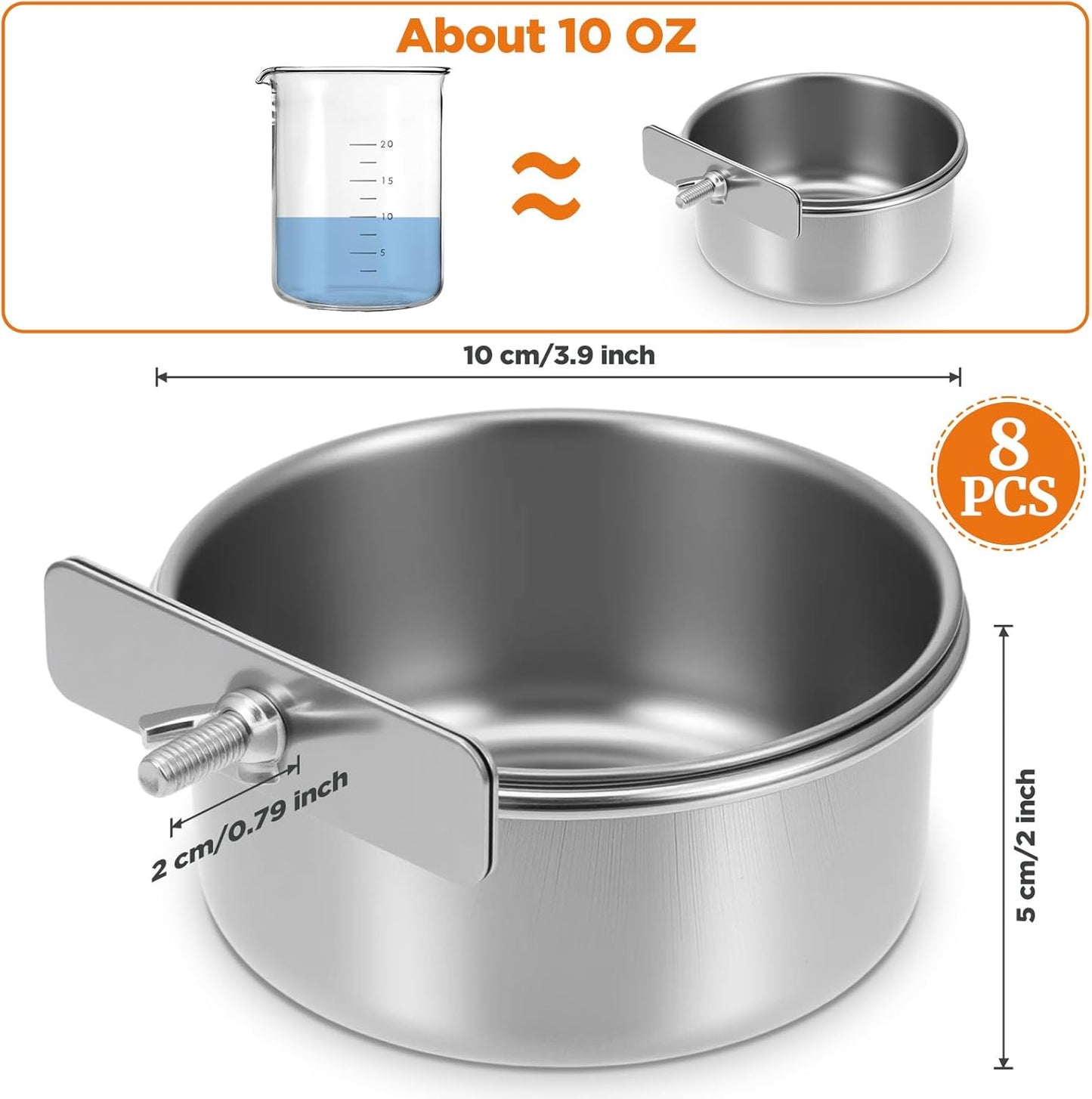 8 Pcs Stainless Steel Bird Food Water Bowls with Clamp Holders, Parrot Feeding Dish Cups for Cage, Cockatiel Conure Budgie Parakeet Macaw Lovebird Small Animal