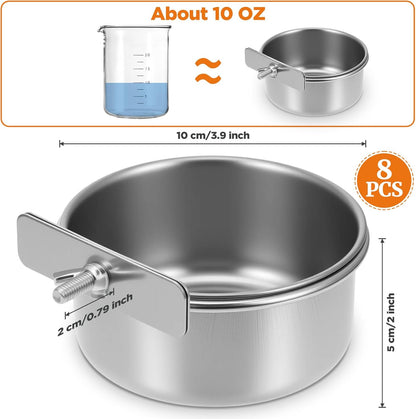 8 Pcs Stainless Steel Bird Food Water Bowls with Clamp Holders, Parrot Feeding Dish Cups for Cage, Cockatiel Conure Budgie Parakeet Macaw Lovebird Small Animal