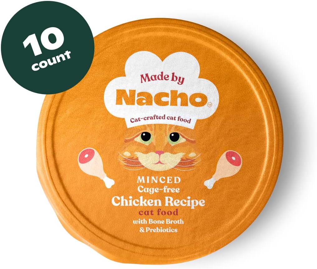 Made by Nacho Wet Cat Food, Cage-Free Minced Chicken in Bone Broth for Hydration with Prebiotics for Digestive Health, High Protein, 2.5oz Cups (10 Pack), Limited Ingredients