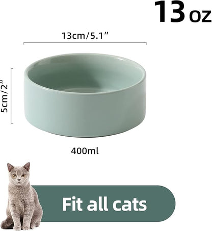 Ceramic 5.1inch Set of 2 Dog and Cat Bowls, 2pcs Anti-Slip Food and Water Feeder Dishes for Puppies, Kitties, Cats(2 Bowls, Light Green)