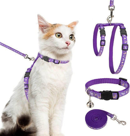 PAWCHIE Cat Harness with Leash and Collar Set - Escape Proof Adjustable H-shped Cat Harness with Star and Moon Pattern Glow in The Dark for Kitty Outdoor Walking
