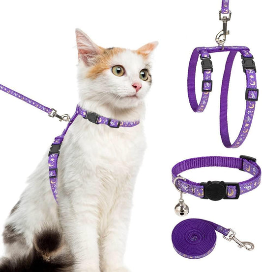 PAWCHIE Cat Harness with Leash and Collar Set - Escape Proof Adjustable H-shped Cat Harness with Star and Moon Pattern Glow in The Dark for Kitty Outdoor Walking