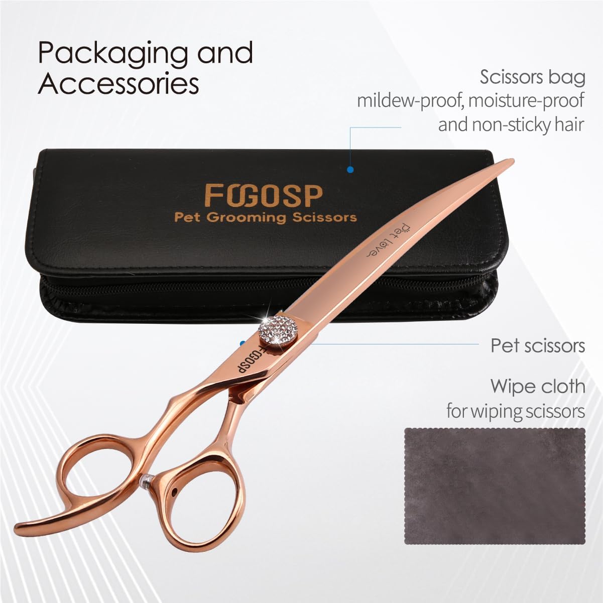 Professional Left Handed Curved Dog Grooming Scissors 8'' Downward 30° Rose Gold Titanium Japan 440C Pet Grooming Trimming Shears for Large Dog Poodle(8,Curved)
