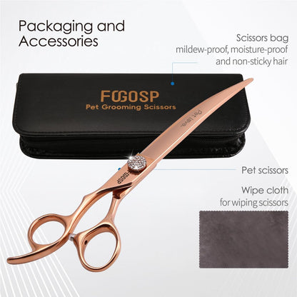 Professional Left Handed Curved Dog Grooming Scissors 8'' Downward 30° Rose Gold Titanium Japan 440C Pet Grooming Trimming Shears for Large Dog Poodle(8,Curved)