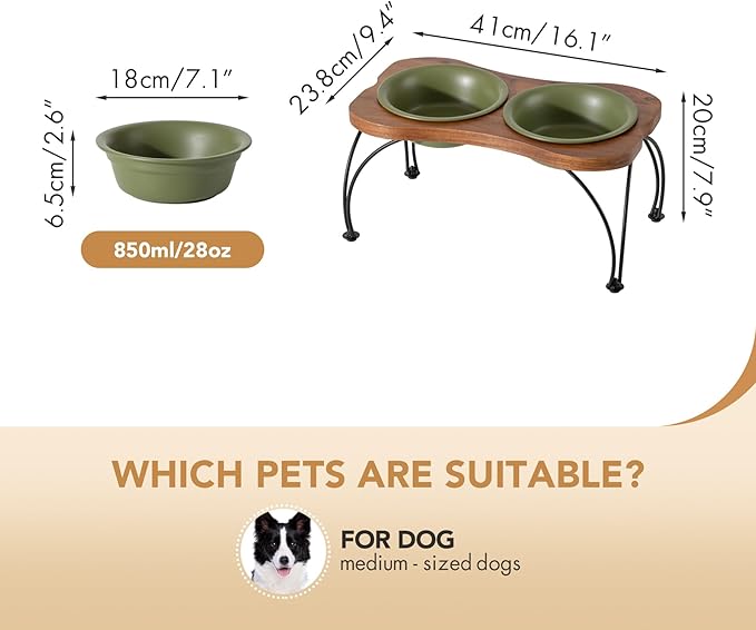 Ceramic 7.1-inch Raised Double-Bowl Set with Non-Slip Stand, Food & Water Dishes for Medium and Large Dogs, Wide Opening with Rounded Edges(Olive Green)