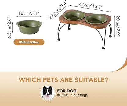 Ceramic 7.1-inch Raised Double-Bowl Set with Non-Slip Stand, Food & Water Dishes for Medium and Large Dogs, Wide Opening with Rounded Edges(Olive Green)