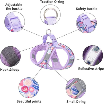 Step in Dog Harness and Leash Set, Flower Adjustable Easy Walk Puppy Harnesses, Soft Mesh Pet Vest Harness Small Size Dog Adjustable No Pull Dog Harness for Small Dogs and Cats(Light Purple, XXS)