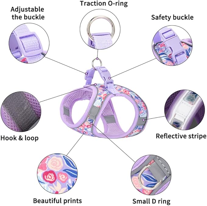 Step in Dog Harness and Leash Set, Flower Adjustable Easy Walk Puppy Harnesses, Soft Mesh Pet Vest Harness Small Size Dog Adjustable No Pull Dog Harness for Small Dogs and Cats(Pink, XXS)