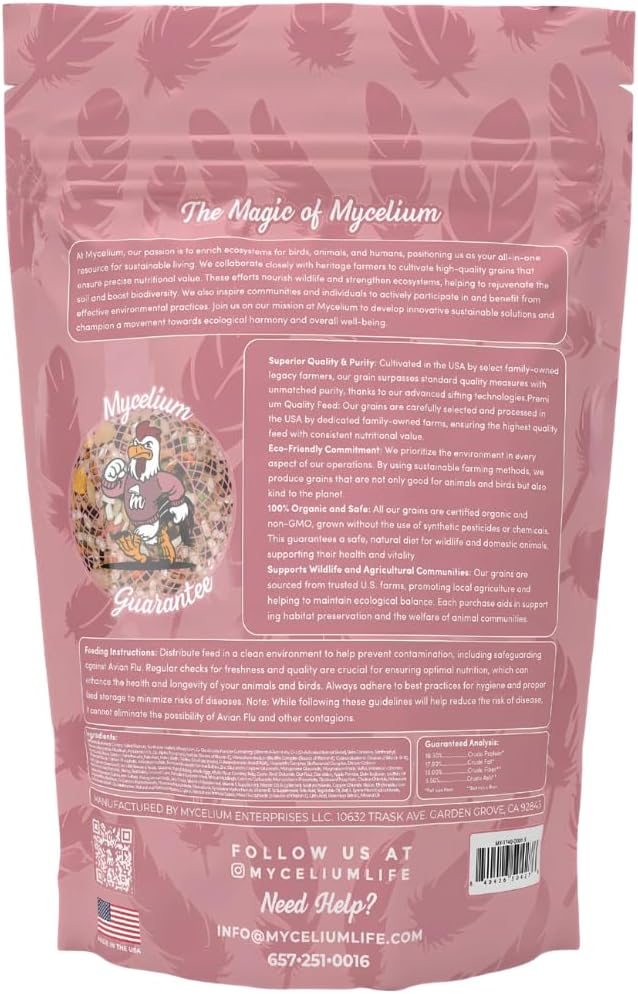 Mycelium Large Pet Bird Food | Clean & Safe Bird Seed Mix for Macaws, Cockatoos, Parrots | High in Protein & Fat with Egg, Corn, Vitamins, Peanuts & Hemp Seed | Organic & Non-GMO 5 lb Bag