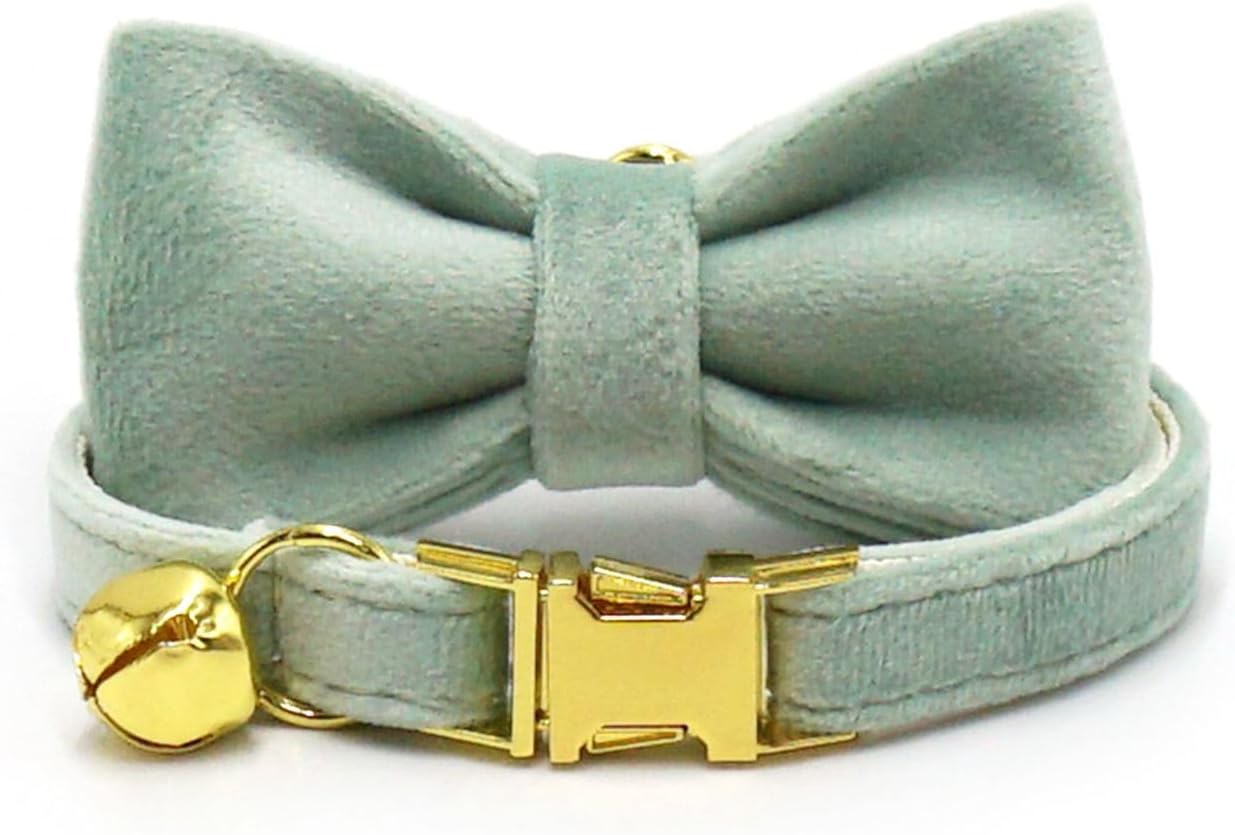 Personalized Cat Collar with Bells,Velvet Customized Small Cat Collar with Name Tag,Pet Collar with Name Phone Number Engraved ID Tags for Boy and Girl Kitten Cats (Mint Powder)