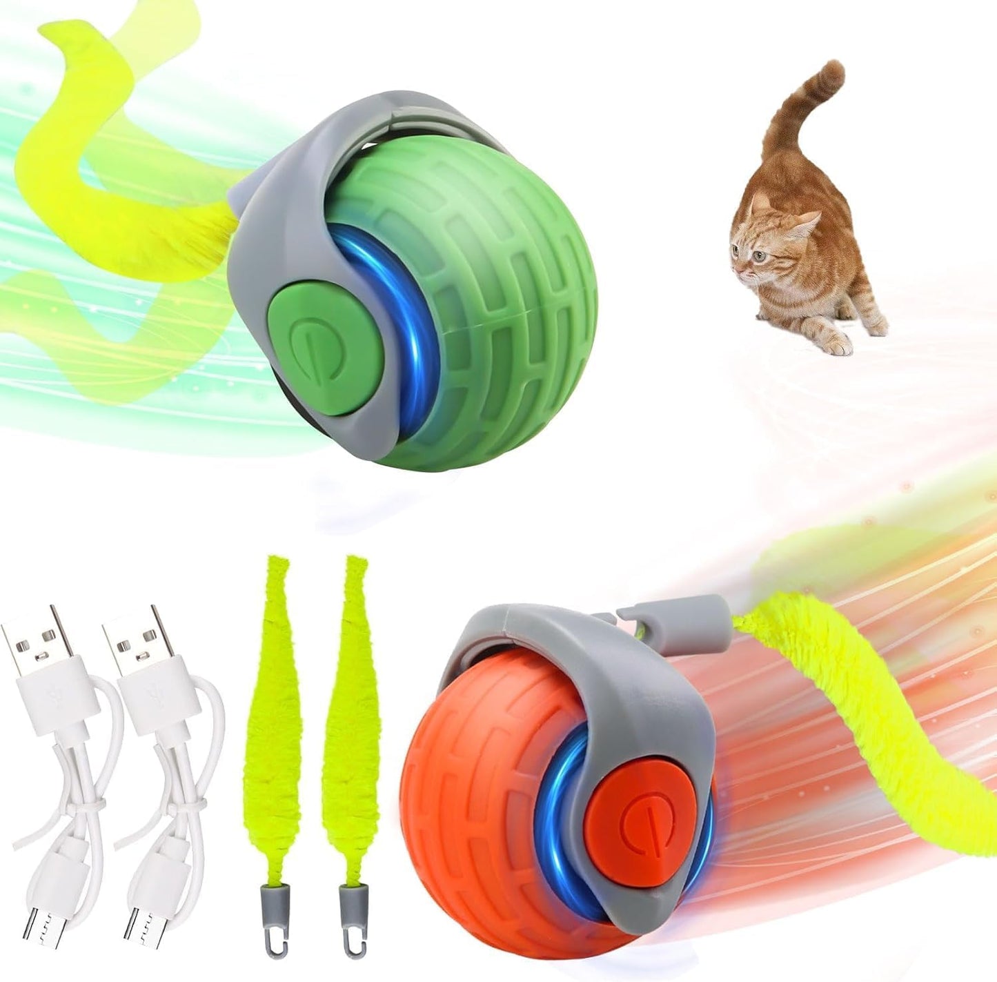 Speedy Tail Interactive Cat Toy Ball, 2025 New Generation, Indoor Play with Replacement Tail (Green-Orange)