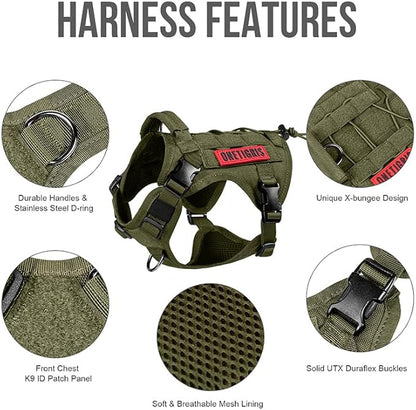 OneTigris Tactical Dog Harness Vest,No-Pull Service Dog Vest with Hook & Loop Panels,Adjustable Dog Vest Harness for Walking Hiking Training(Ranger Green,XS)