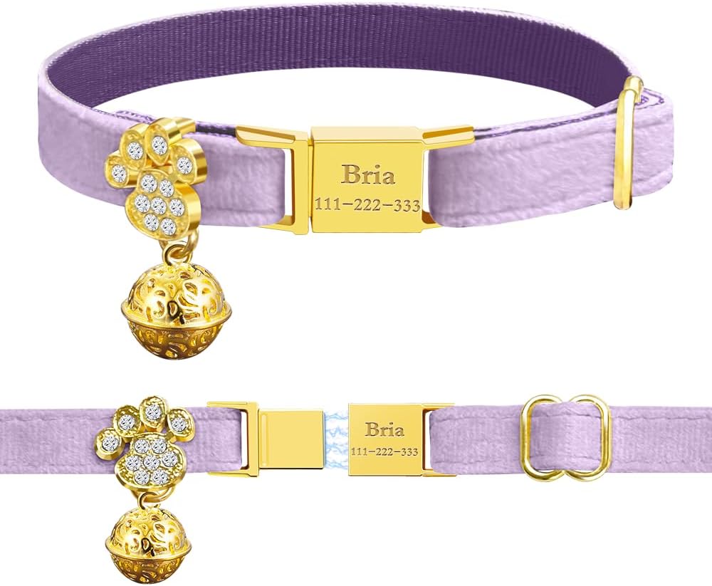 Personalized Breakaway Cat Collars - Magnetic Buckle, Bell - Safety Quick Release, Customized for Girls & Boys Cats- (Velvet-Light Purple)