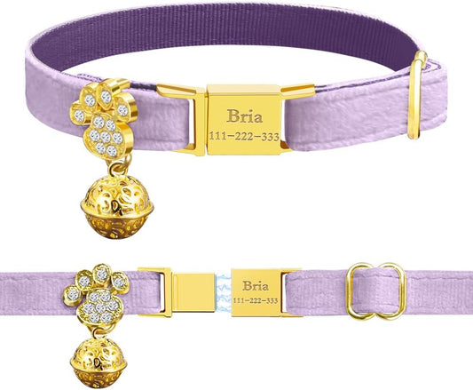 Personalized Breakaway Cat Collars - Magnetic Buckle, Bell - Safety Quick Release, Customized for Girls & Boys Cats- (Velvet-Light Purple)
