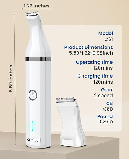 oneisall Dog Clippers with Double Blades,Cordless Small Pet Hair Grooming Trimmer,Low Noise for Trimming Dog's Hair Around Paws, Eyes, Ears, Face, Rump (White)