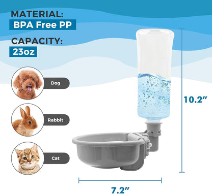 VANNON 23oz Pet Water Bottle, Gravity Dog Water Bowl Dispenser for Cage, Anti-Overflow Water Dispenser for Small Dogs, Cats, Rabbits and Other Small Animals, BPA Free, Grey