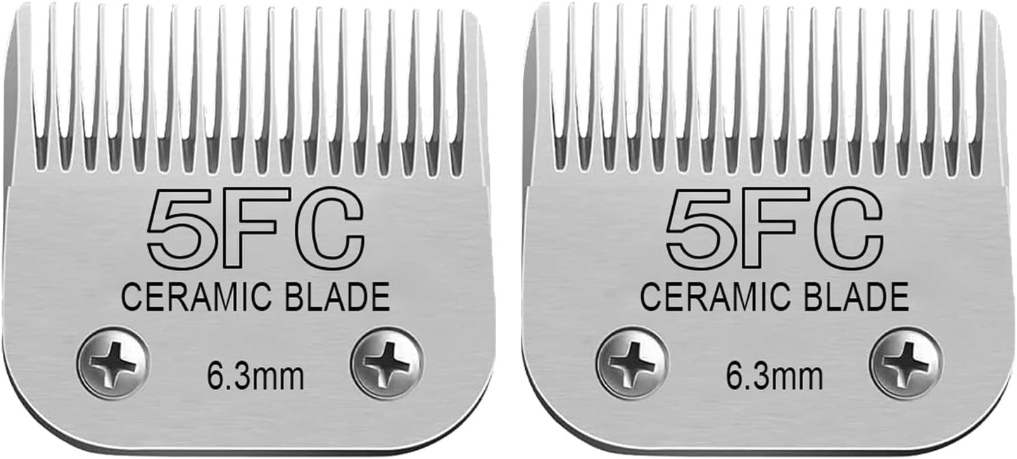 Detachable Pet Dog Clipper Blades, Compatible with Size-5FC(6.3mm), Most Oster A5, KM Series Clippers,Made of Ceramic Blade & Stainless Steel Blade 2Pack