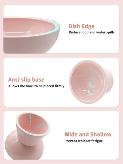 LoeJan Elevated Cat Food and Water Bowls Set, Pink - Raised Ceramic Anti-Vomit Whisker-Free Feeder for Kittens to Adult Cats