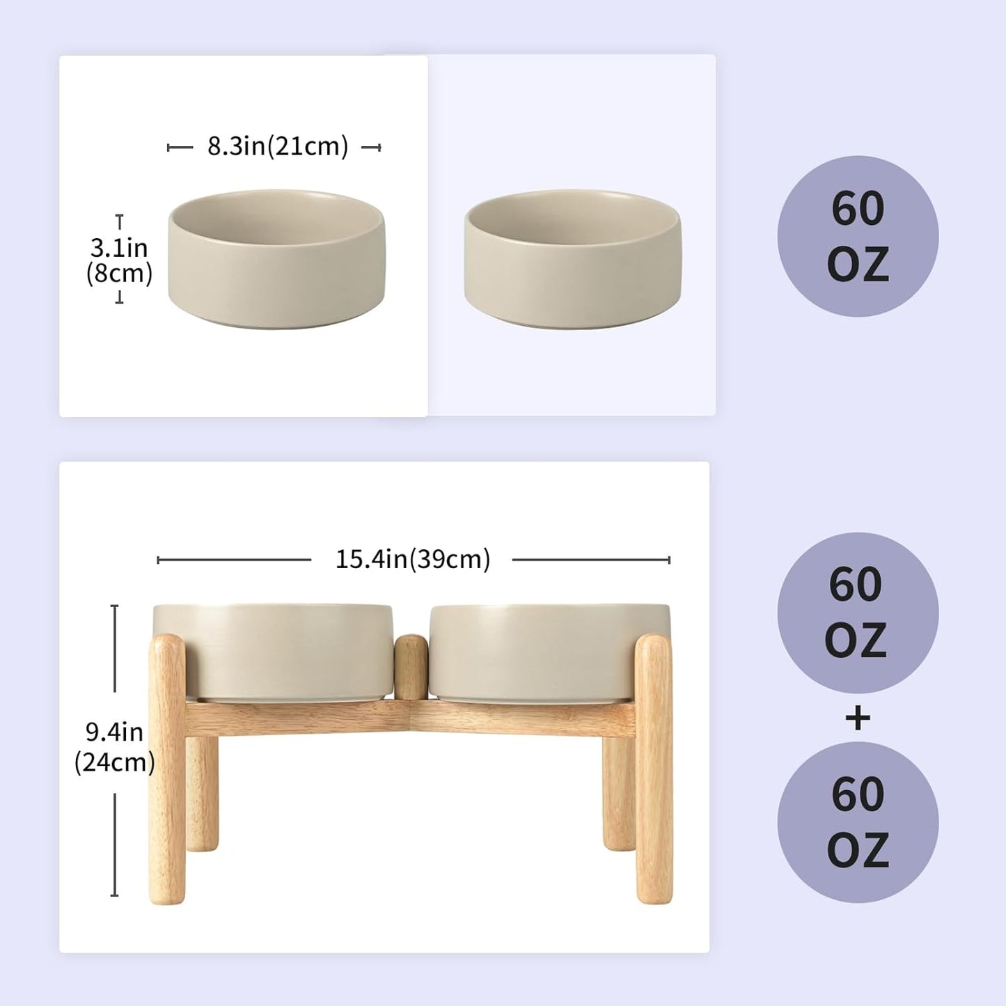 SPUNKYJUNKY Ceramics Elevated Dog Bowls with Wooden Stand Raised Dog Bowl for Medium Large Dog Food and Water Pet Feeding Bowl(Double 60OZ Bowls,Grey)