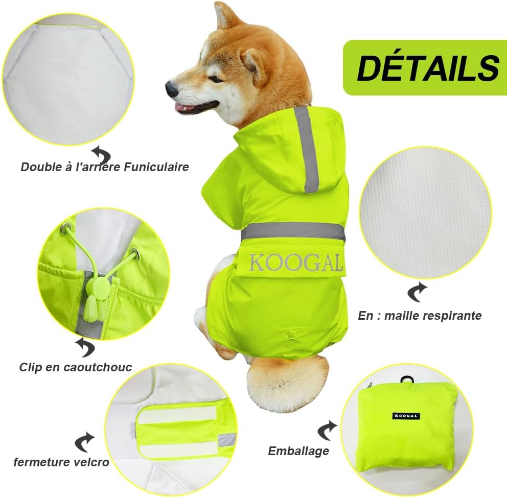 Dog Raincoat Apparel Poncho Waterproof Dog Clothes Pet Raincoat Jacket for Small to Medium Sized Dogs (Fluor-Yellow,2XL)