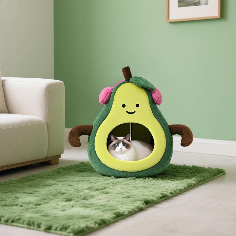 Cute Cat Beds for Indoor Cats, Small Dog Beds, Soft Washable Pet Beds for Kitten and Puppy, Funny Avocado Cat Cave, 19 Inches