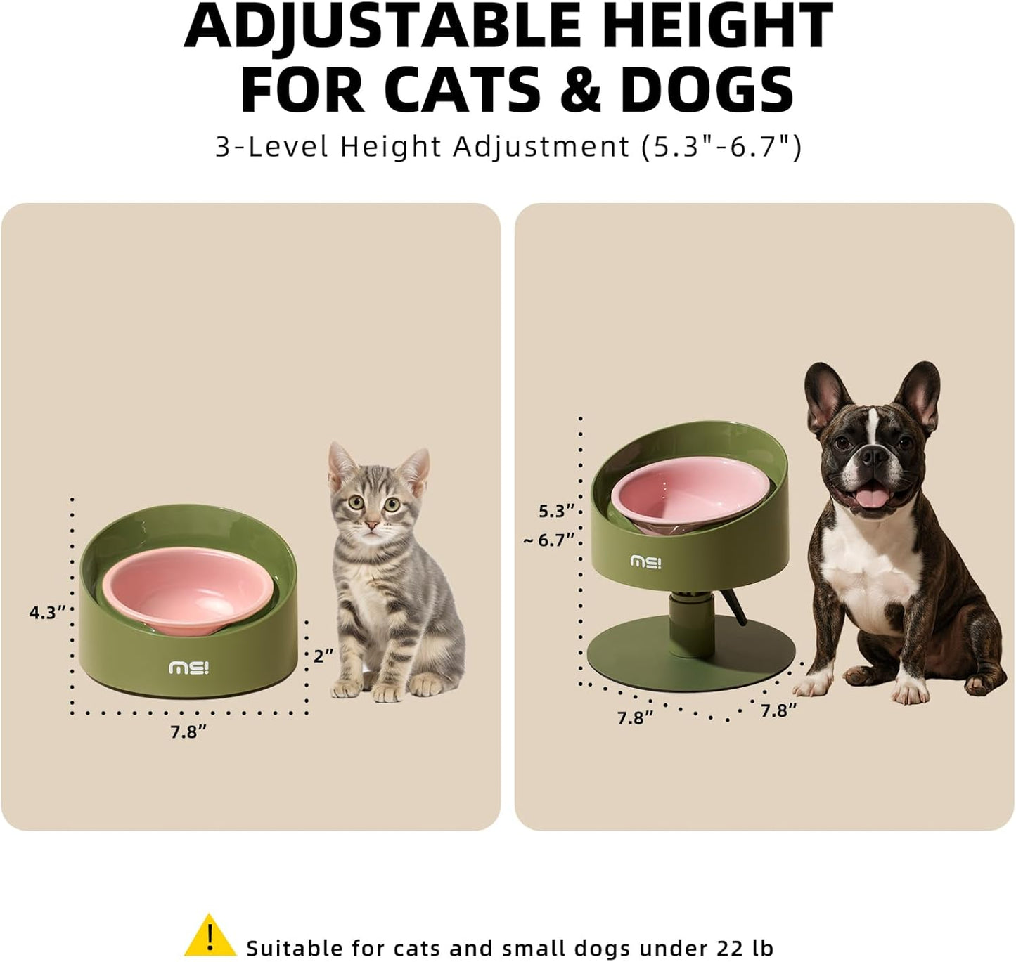MS!MAKE SURE Adjustable Raised Cat Bowls, Ceramic Elevated Cat Bowls, Pet Bowl with Anti - Slip Rubber Pad, Leak - Proof, Lead & Cadmium Free, Whisker - Friendly, for All Life Stages of Age Pink Green