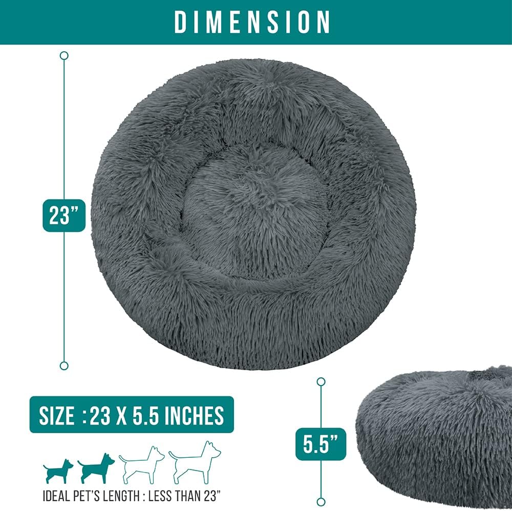 PetAmi Calming Dog Bed for Small Medium Dog Cat, Round Donut Washable, Fluffy Faux Fur Plush Cuddler Pet Kitten Cushion, Anti-Slip, Fits up to 25 lbs, 23 inch, Dark Gray