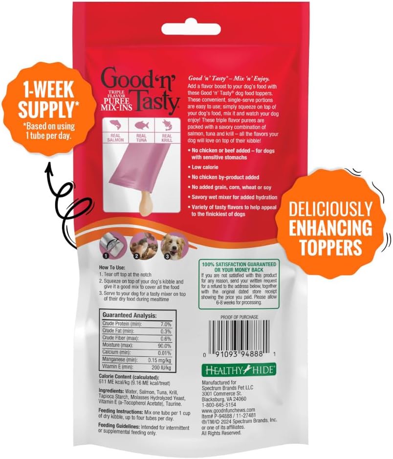 Good 'n' Tasty Triple Flavor Puree Mix-Ins Dog Food Topper Treats for All Dogs, 7 Count, Easy Single-Serve Portions, Added Protein with Salmon, Tuna and Krill, No Chicken or Beef Added