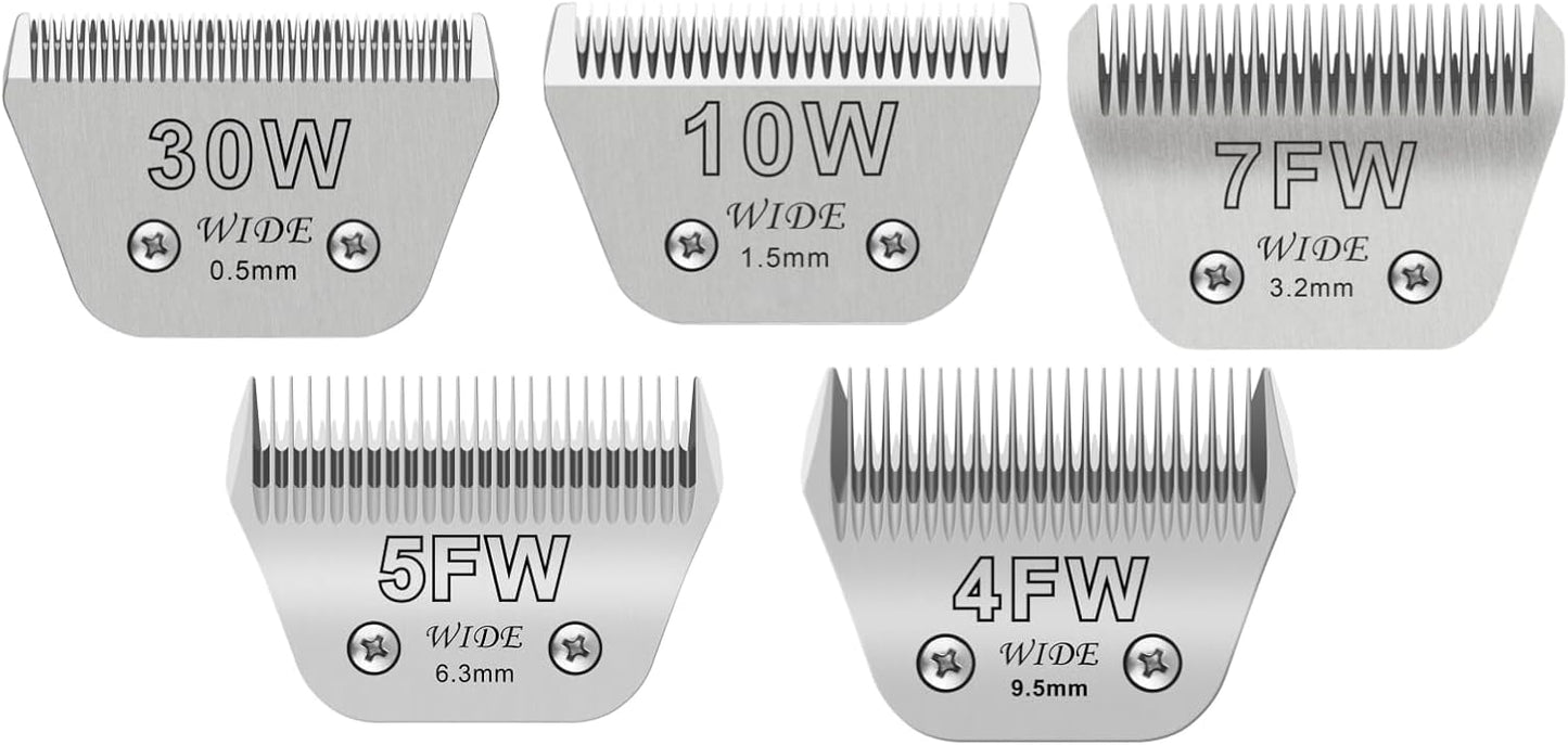 30W+10W+7FW+5FW+4FW Wide Blades for Dog Grooming, Compatible with Ainds, Oster A5, Wahl Km10 and Other Series Clippers, Cut Length 1/50"(0.5mm) to 3/8" (9.5mm), Fit for Larger Animals