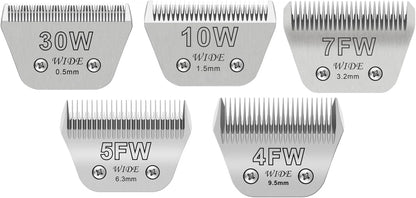 30W+10W+7FW+5FW+4FW Wide Blades for Dog Grooming, Compatible with Ainds, Oster A5, Wahl Km10 and Other Series Clippers, Cut Length 1/50"(0.5mm) to 3/8" (9.5mm), Fit for Larger Animals