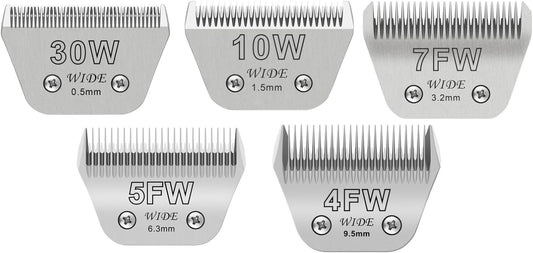 30W+10W+7FW+5FW+4FW Wide Blades for Dog Grooming, Compatible with Ainds, Oster A5, Wahl Km10 and Other Series Clippers, Cut Length 1/50"(0.5mm) to 3/8" (9.5mm), Fit for Larger Animals