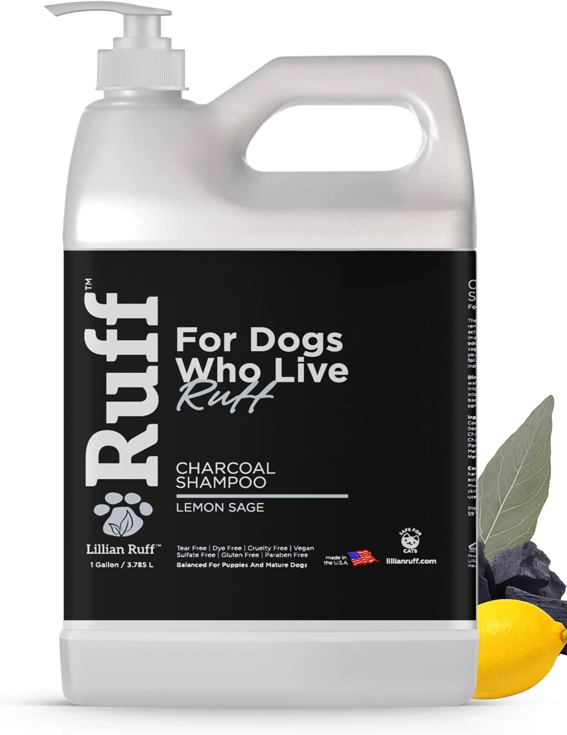 Ruff by Lillian Ruff Activated Charcoal Pet Shampoo – Lemon Sage – Deep Cleanser, Deodorizer & Stain Remover – Hydrates Dry Itchy Skin – Puppy & Dog Safe – USA Made (Gallon Pump)
