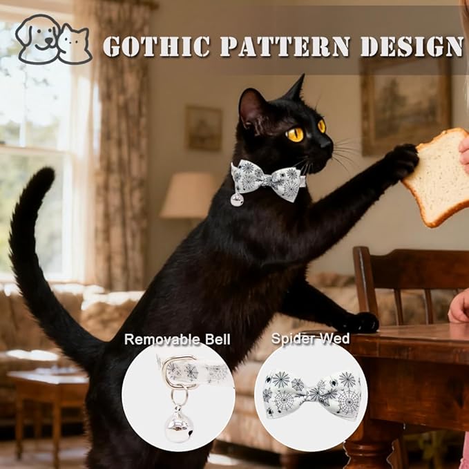 3 Pack Halloween Cat Collar with Detachable Bow Tie & Bell - Breakaway Adjustable Kitten Collars with Skull Gothic Bat Spider Web Pattern for Indoor Outdoor Cats (White, Pink, Black)