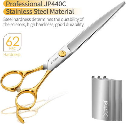 Professional Dog Grooming Scissors Straight 7.5" Pet Grooming Shears for Cutting Small Dogs Cat Thick Hair Japan 440C Stainless Steel Right Handed(7.5in Straight, Gold)