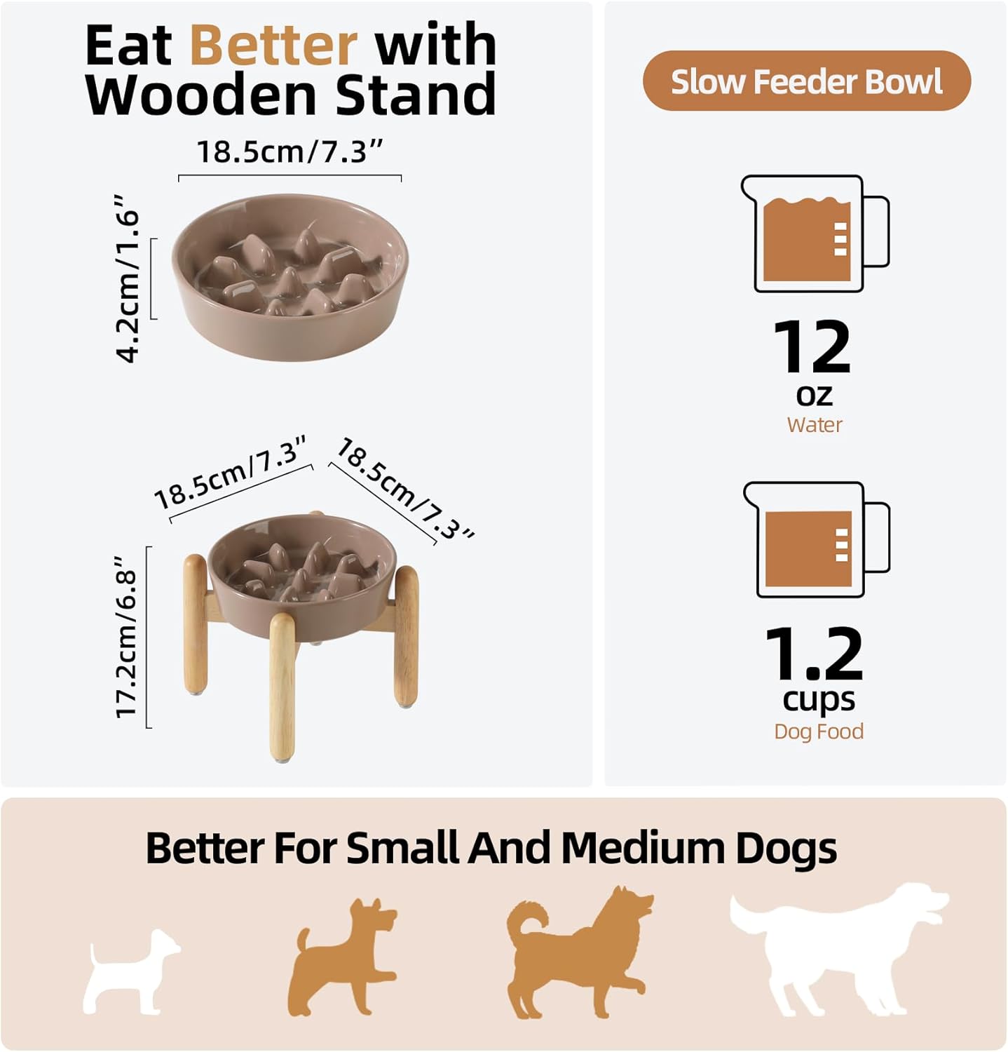 Ceramic 1.2 Cup Dog Raised Slow Feeder Set, Elevated Bowl with Wooden Stand for Medium and Small Dog, 7.3inch Slow Feeder Dish for Fast Easters(Brown Coffee, Single Bowl+ Stand)