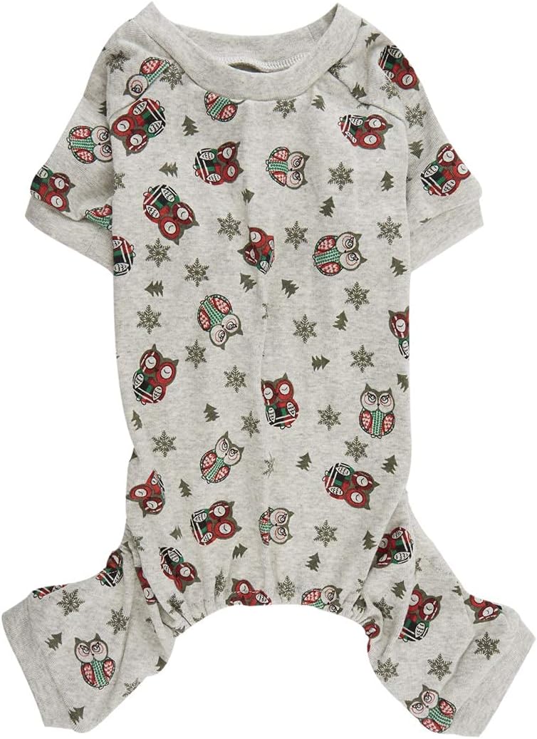 Lanyarco Cute Owl Christmas Tree Xmas Cotton Pet Dog Pajamas Jumpshit for Medium Dogs, Large Grey Back Length 20"