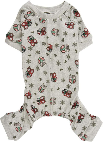 Lanyarco Cute Owl Christmas Tree Xmas Cotton Pet Dog Pajamas Jumpshit for Medium Dogs, Large Grey Back Length 20"