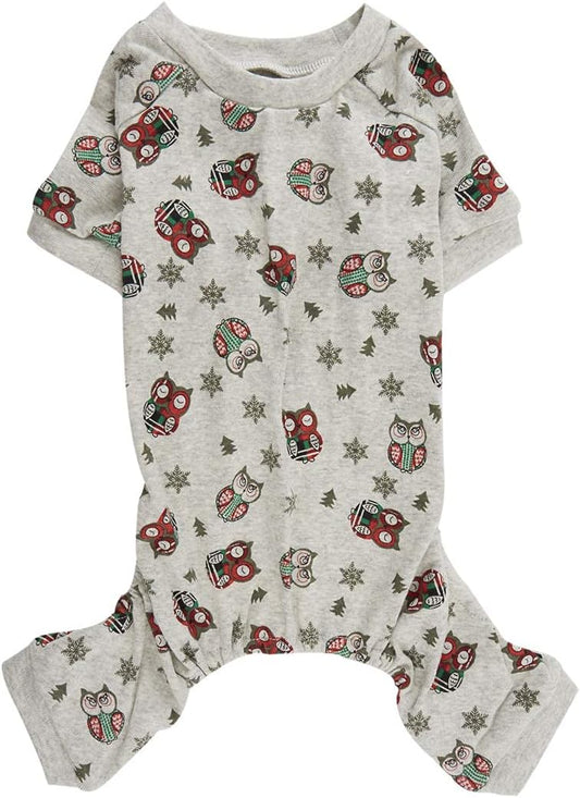 Lanyarco Cute Owl Christmas Tree Xmas Cotton Pet Dog Pajamas Jumpshit for Medium Dogs, Large Grey Back Length 20"