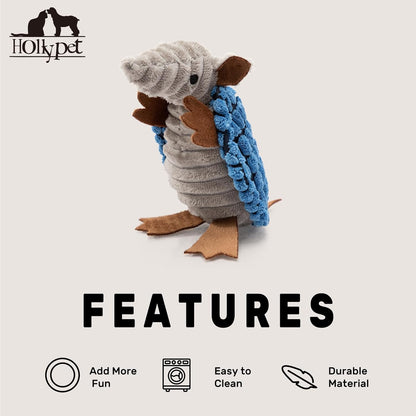 Hollypet Plush Dog Squeaky Toy Stuffed Armadillo Animal Pet Puppy Chew Toys with Clean Teeth for Small Medium Large All Breed Sizes Dogs, Blue, 6 in
