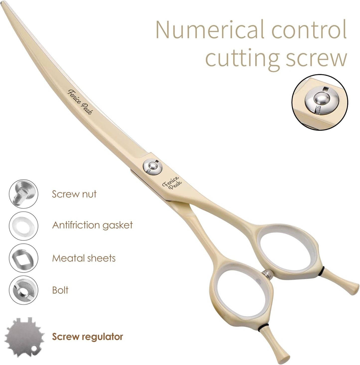 Fenice Peak Curved Dog Grooming Scissors with Cream Color Coating 440C Stainless Steel Pet Grooming Bending Shears Sharp and Durable Comfortable Engonomic Handle