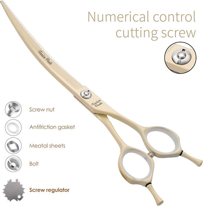Fenice Peak Curved Dog Grooming Scissors with Cream Color Coating 440C Stainless Steel Pet Grooming Bending Shears Sharp and Durable Comfortable Engonomic Handle
