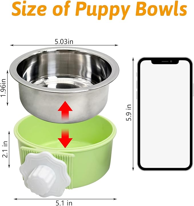 Hamiledyi Crate Dog Bowl Cat - Removable Stainless Steel Hanging No Spill Pet Bowl for Kennels Durable Detachable Design Fits Small Medium Dog Cages (2 Pcs, Green