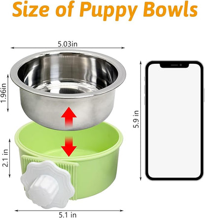 Hamiledyi Crate Dog Bowl Cat - Removable Stainless Steel Hanging No Spill Pet Bowl for Kennels Durable Detachable Design Fits Small Medium Dog Cages (2 Pcs, Green