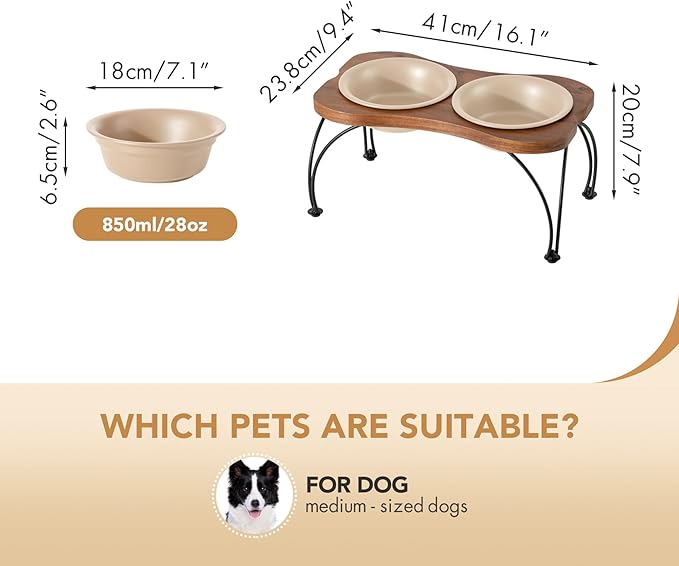 Ceramic 7.1-inch Raised Double-Bowl Set with Non-Slip Stand, Food & Water Dishes for Medium and Large Dogs, Wide Opening with Rounded Edges(Oat Beige)