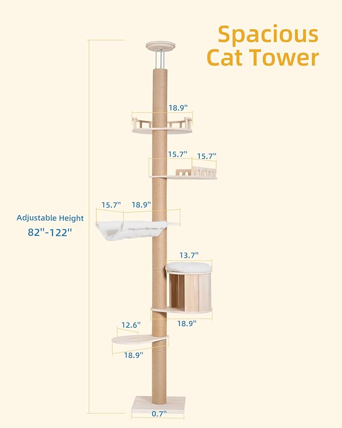 Tall Floor to Ceiling Cat Tree for Large Cats, Cat Tower with Scratching Post, Adjustable Height(82-122 in), Large Condo Cave Bed and Hammock for Indoor Cats, Cat Climbing Pole, Wood