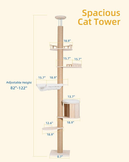Tall Floor to Ceiling Cat Tree for Large Cats, Cat Tower with Scratching Post, Adjustable Height(82-122 in), Large Condo Cave Bed and Hammock for Indoor Cats, Cat Climbing Pole, Wood